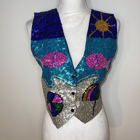 Serious Fun Sequin Vest Womens Size Small S Vintage Cotton Back Tie Front Snaps - Picture 2 of 11